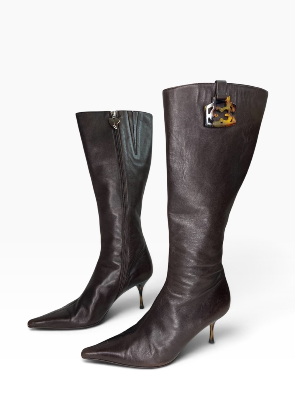 Vintage Escada Brown Leather Tortoise Kitten Heel Knee Boots EU 38 US 8
